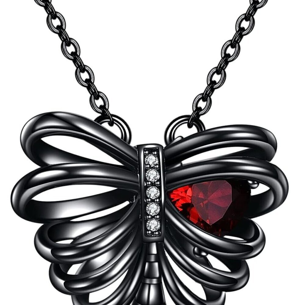Sterling Silver Skull Necklace Gothic Rib Heart Pendant Gift for Women